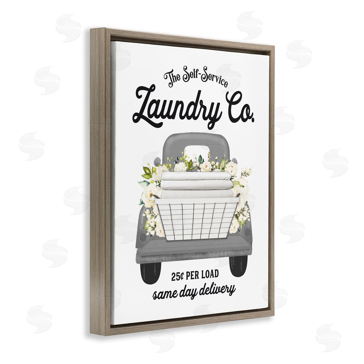 Lettered and Lined Antique Laundry Service Truck White Floral Arrangement  Brown Floating Frame Canvas Wall Art Print