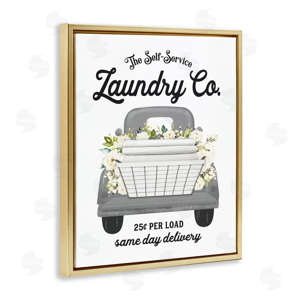 Lettered and Lined Antique Laundry Service Truck White Floral Arrangement  Gold Floating Frame Canvas Wall Art Print