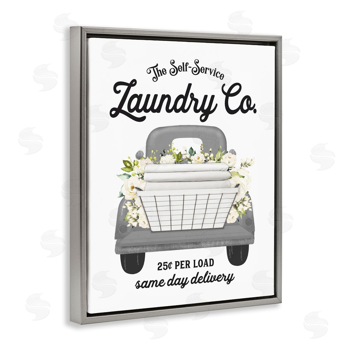 Lettered and Lined Antique Laundry Service Truck White Floral Arrangement  Gray Floating Frame Canvas Wall Art Print