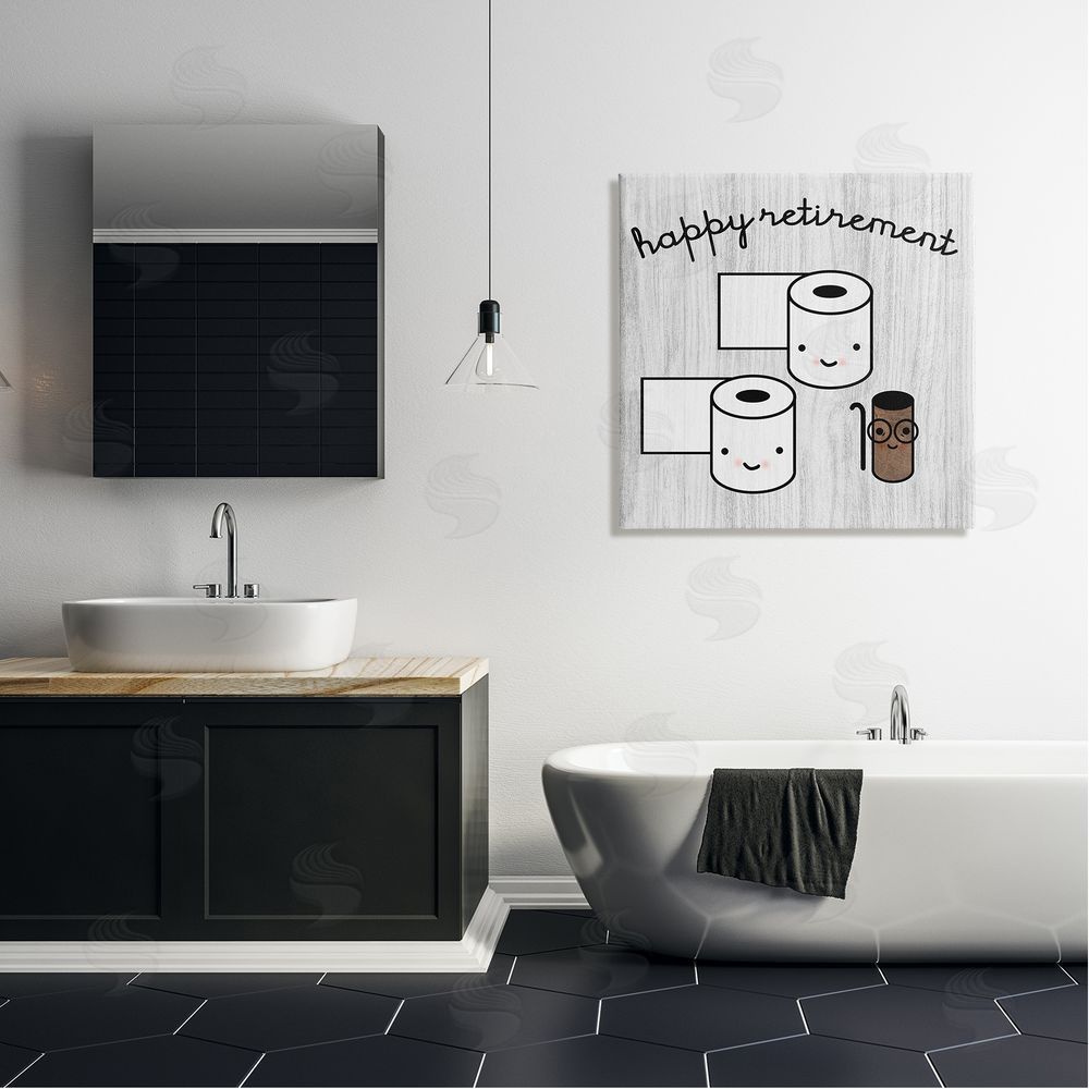 Stupell Studio Happy Retirement Witty Toilet Paper Grain Pattern Canvas Wall Art in Room