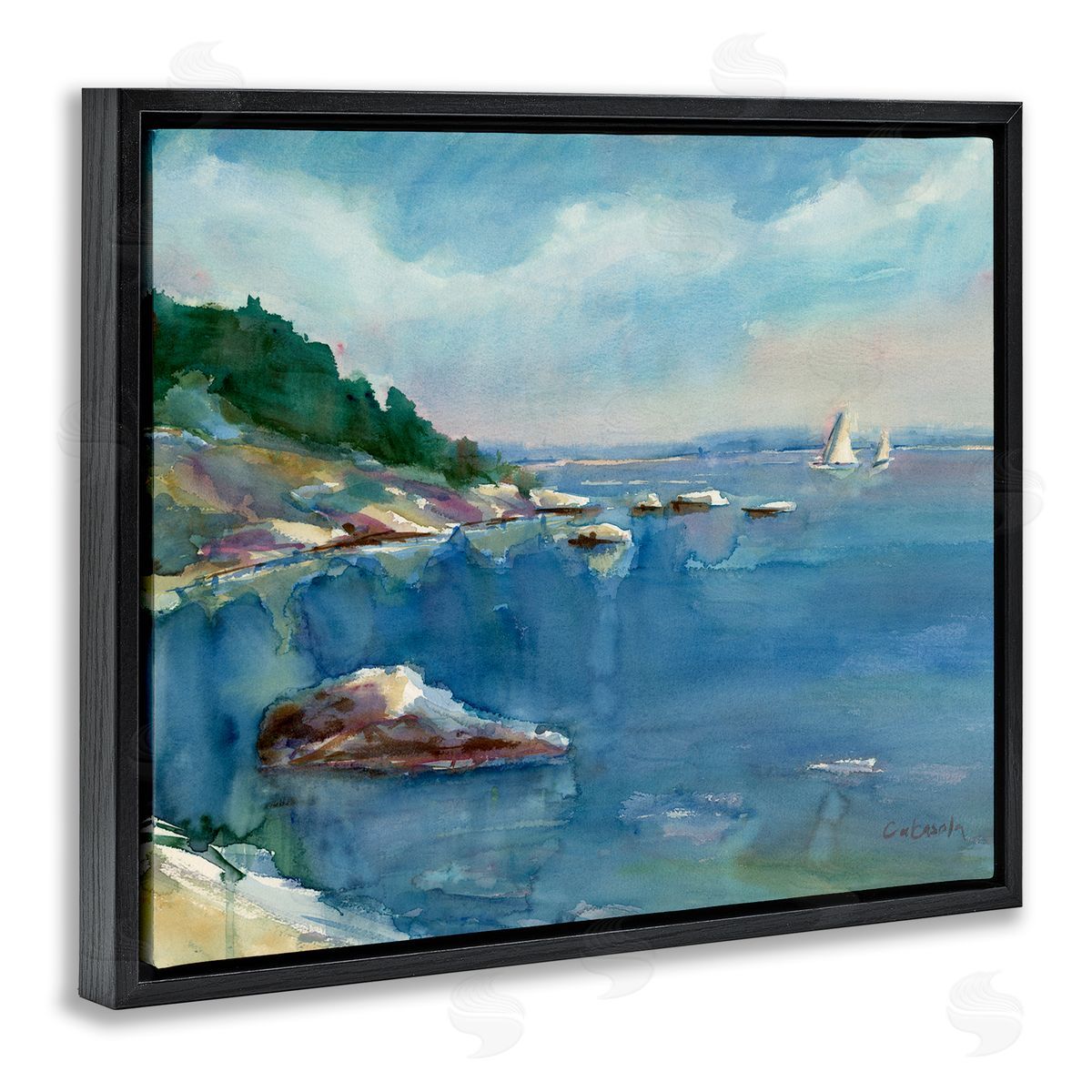 Stephen Calcasola Boats Floating Rocky Beach Cliffs Watercolor Detail Black Floating Frame Canvas Wall Art Print