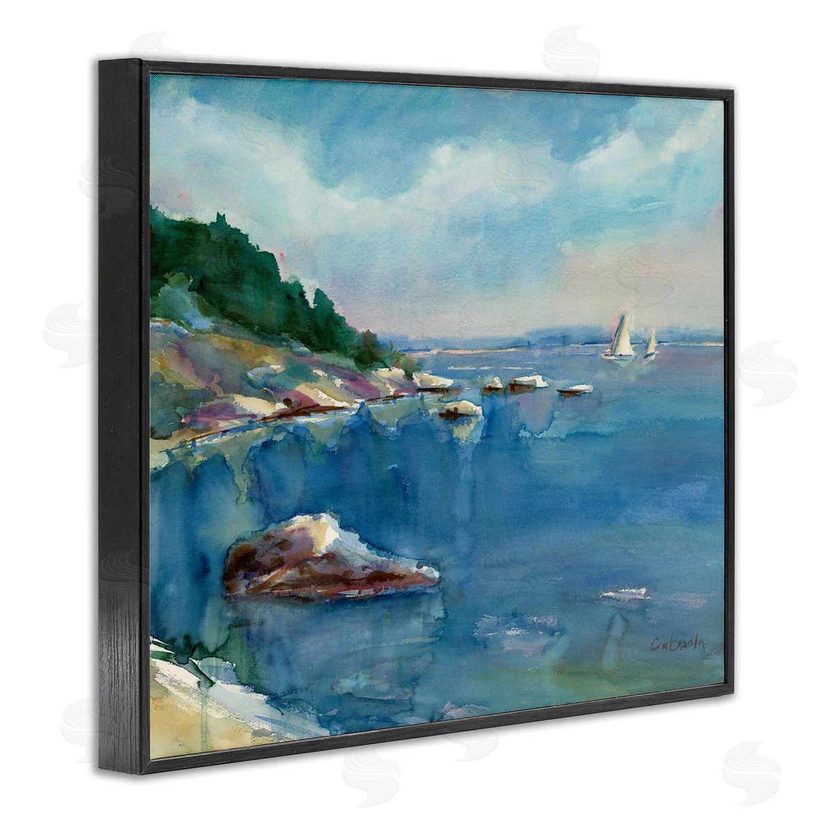 Stephen Calcasola Boats Floating Rocky Beach Cliffs Watercolor Detail Black Framed Giclee Wall Art Print