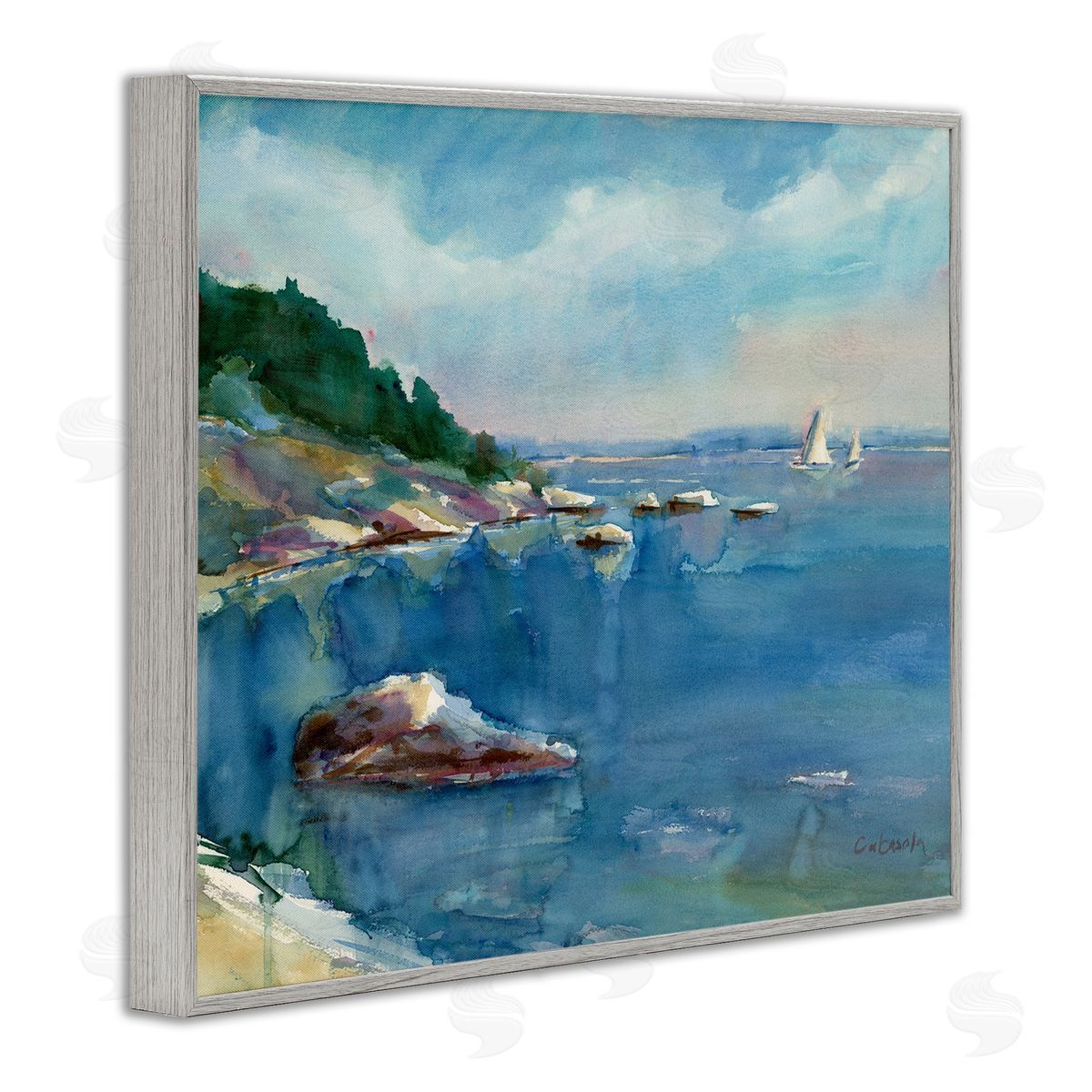 Stephen Calcasola Boats Floating Rocky Beach Cliffs Watercolor Detail Gray Framed Giclee Wall Art Print