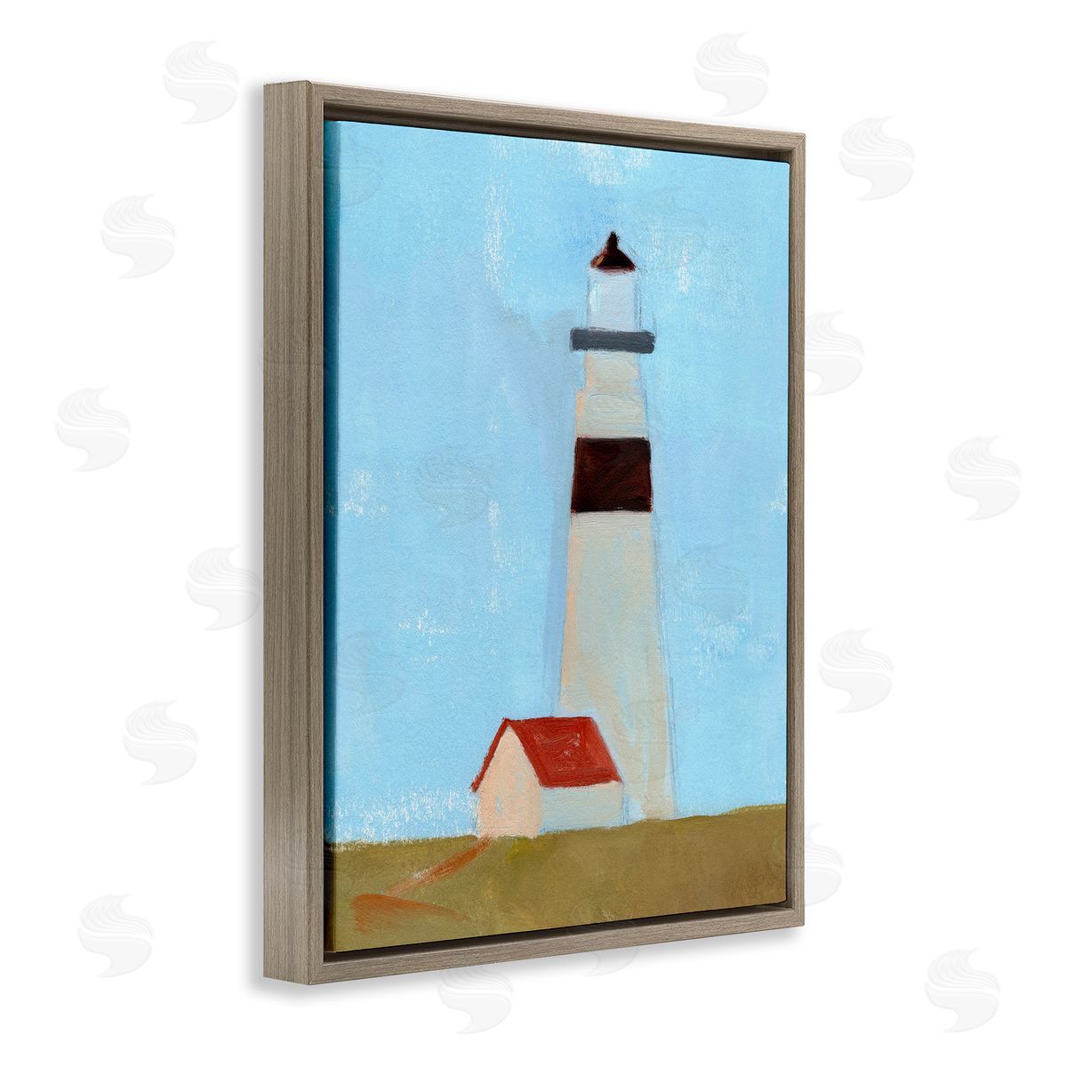 Jacob Green Lighthouse Daytime Blue Sky Rural Grass Scene Brown Floating Frame Canvas Wall Art Print