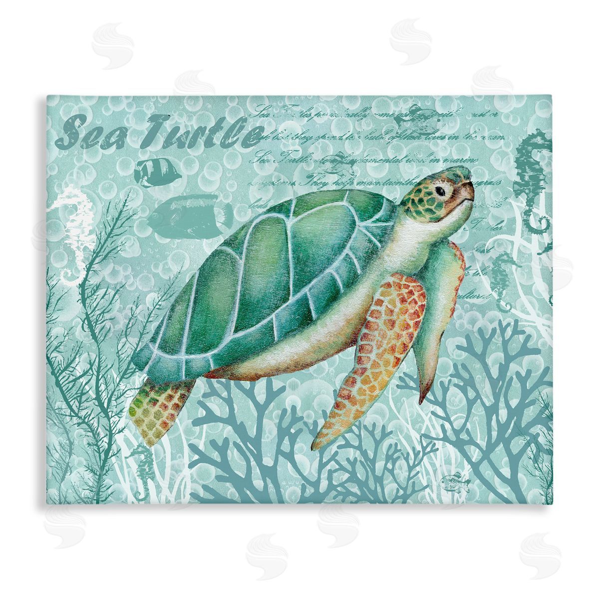 Emma Leach Coral ed Sea Turtle Seahorse Script Calligraphy Stretched Canvas Wall Art Print