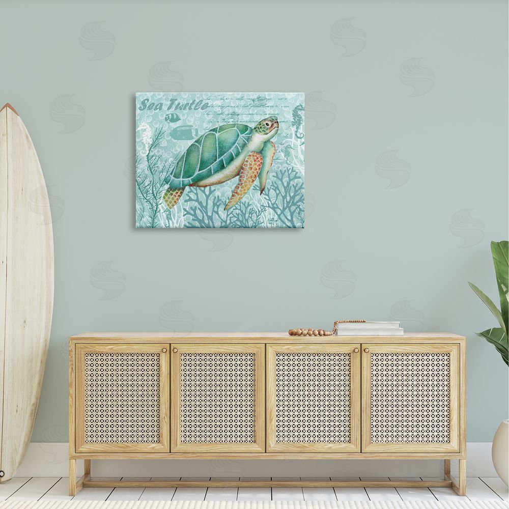 Emma Leach Coral ed Sea Turtle Seahorse Script Calligraphy Canvas Wall Art Print in Room