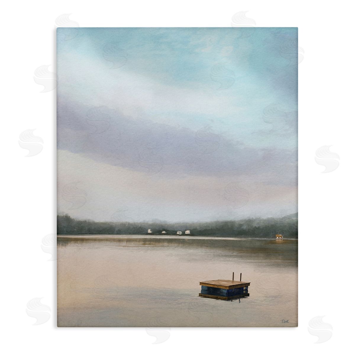 Amy Hall Lone Floating Dock Serene Lake View Pastel Sky  Stretched Canvas Wall Art Print