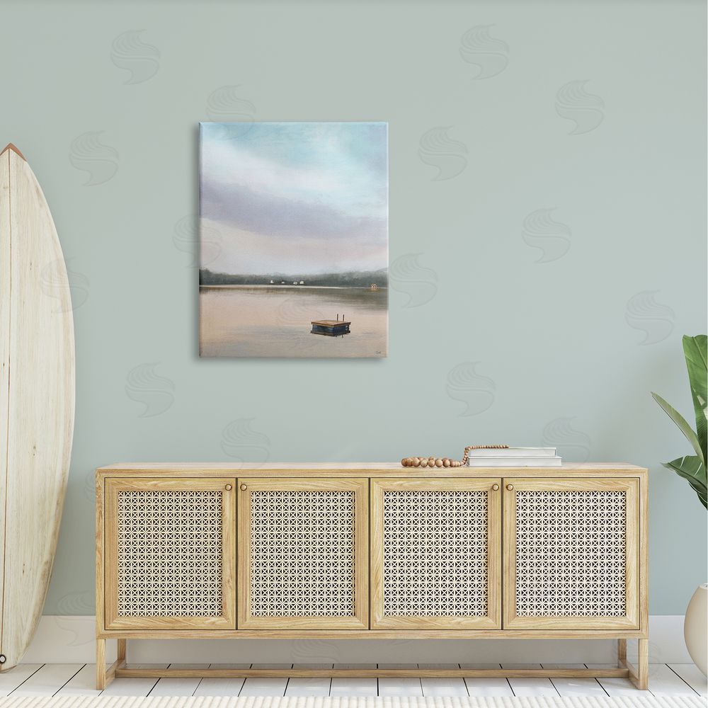 Amy Hall Lone Floating Dock Serene Lake View Pastel Sky  Canvas Wall Art Print in Room
