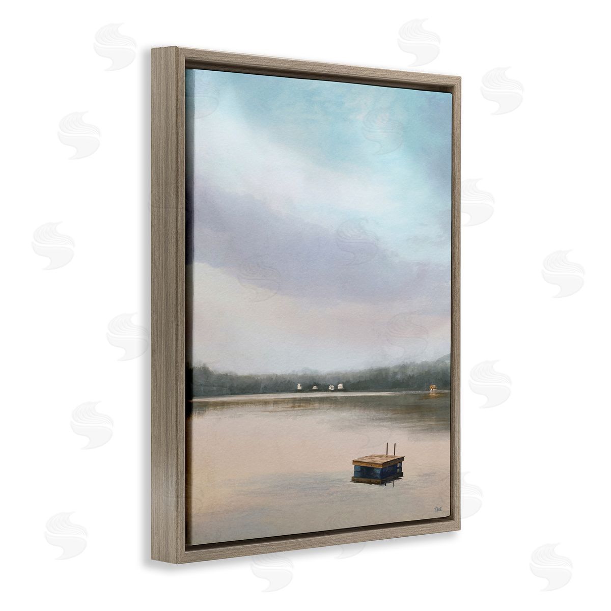 Amy Hall Lone Floating Dock Serene Lake View Pastel Sky  Brown Floating Frame Canvas Wall Art Print