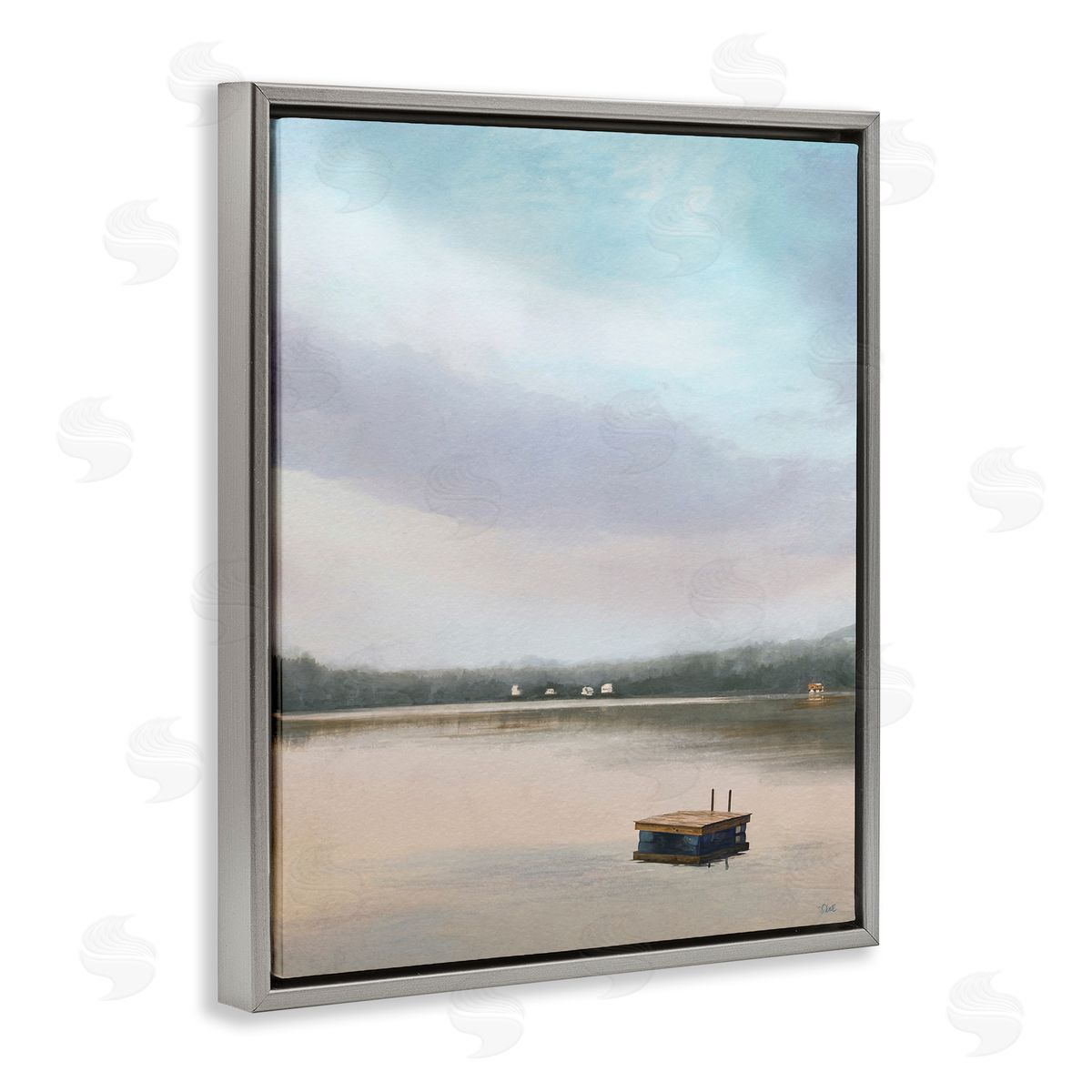 Amy Hall Lone Floating Dock Serene Lake View Pastel Sky  Gray Floating Frame Canvas Wall Art Print