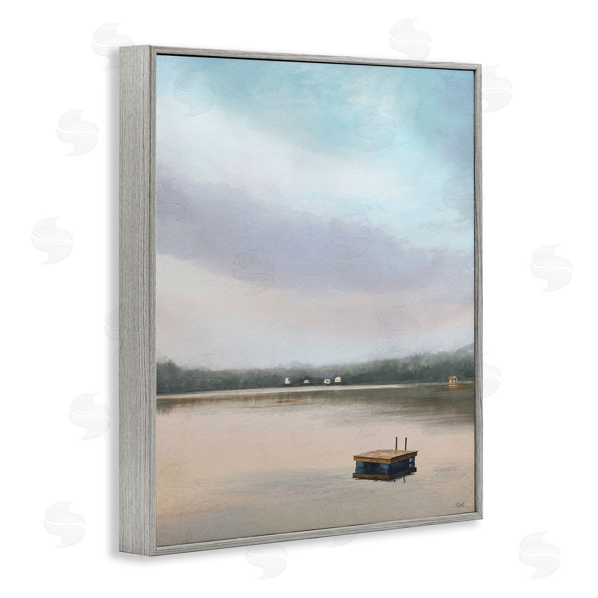 Amy Hall Lone Floating Dock Serene Lake View Pastel Sky  Gray Framed Giclee Wall Art Print