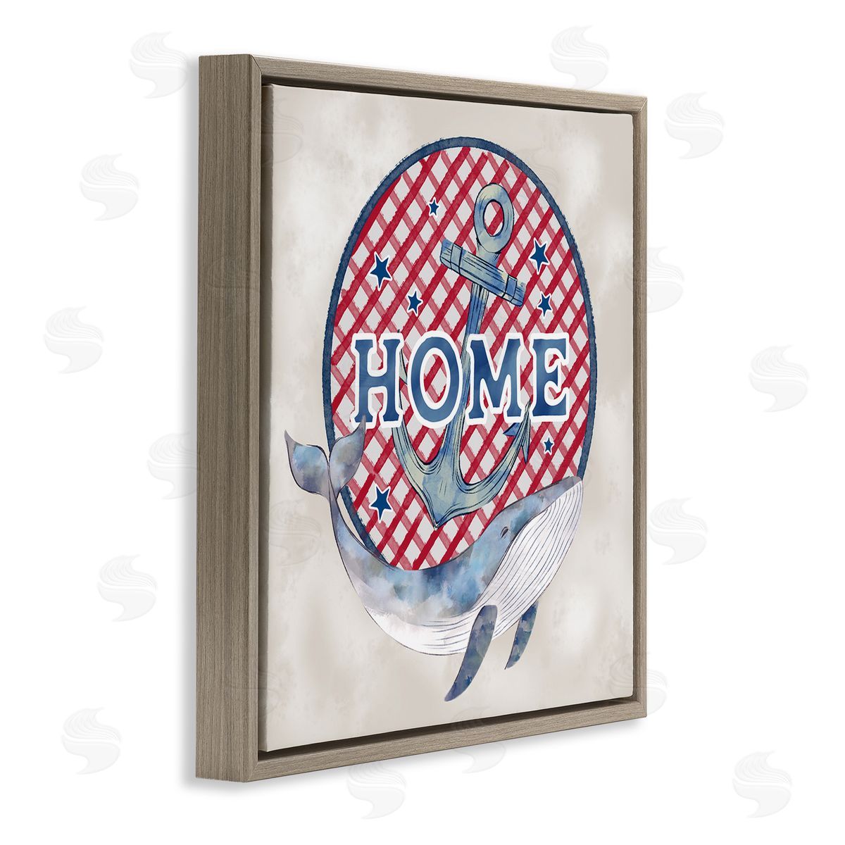 Ziwei Li Checkered Pattern Home Sign Anchor Whale Watercolor Brown Floating Frame Canvas Wall Art Print
