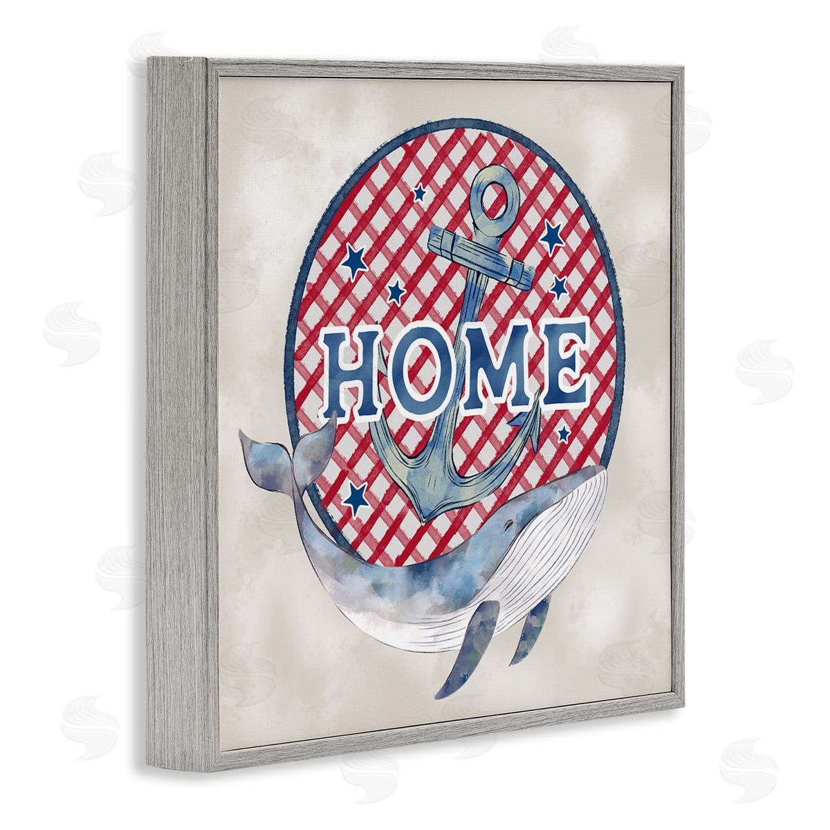 Ziwei Li Checkered Pattern Home Sign Anchor Whale Watercolor Gray Framed Glicee Wall Art Print