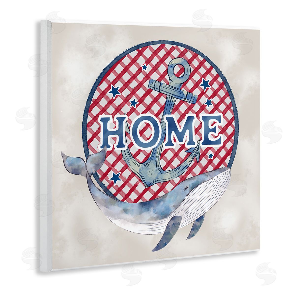 Ziwei Li Checkered Pattern Home Sign Anchor Whale Watercolor Wooden Wall Plaque Art Print