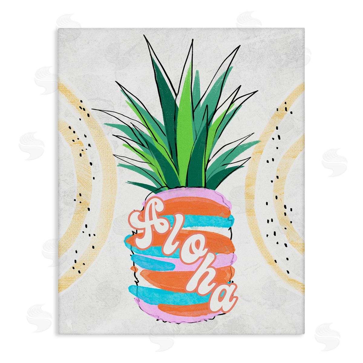 Ziwei Li Tropical Aloha Pineapple Bold Leaves Groovy Text  Stretched Canvas Wall Art Print