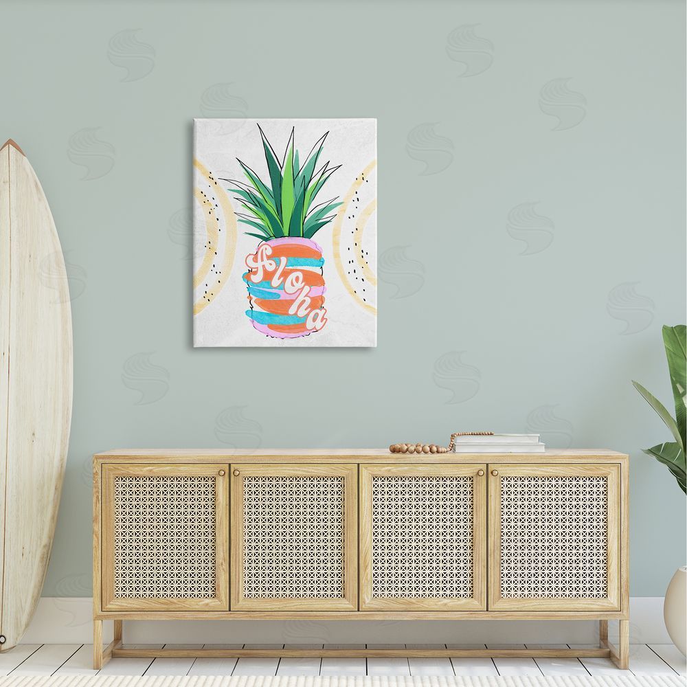 Ziwei Li Tropical Aloha Pineapple Bold Leaves Groovy Text  Canvas Wall Art Print in Room