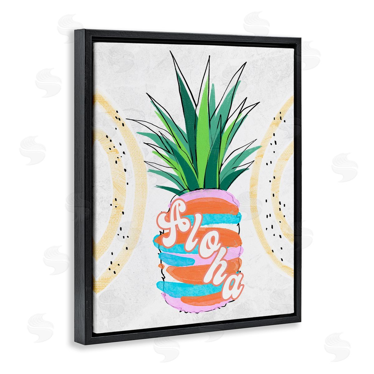 Ziwei Li Tropical Aloha Pineapple Bold Leaves Groovy Text  Black Floating Frame Canvas Wall Art Print