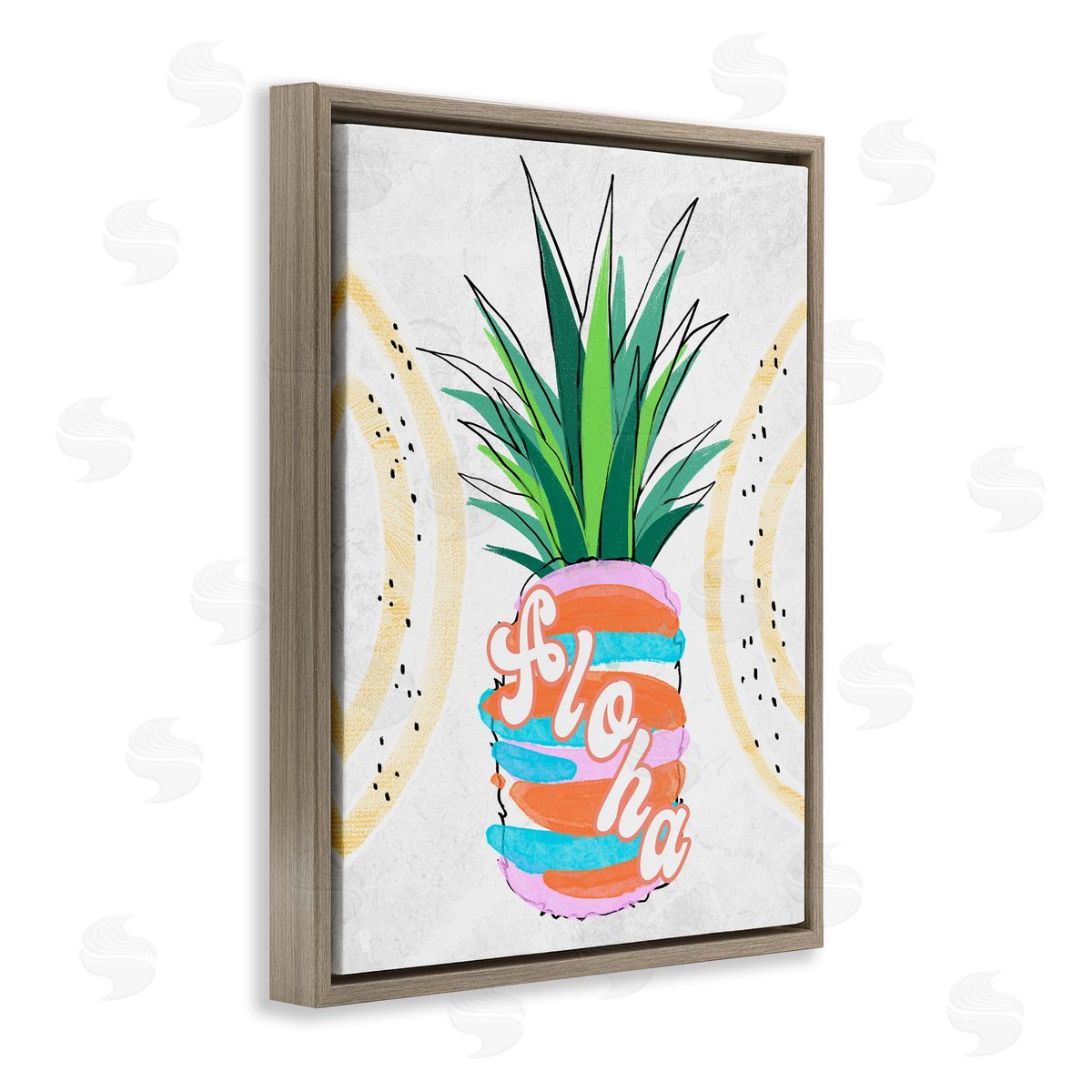 Ziwei Li Tropical Aloha Pineapple Bold Leaves Groovy Text  Brown Floating Frame Canvas Wall Art Print