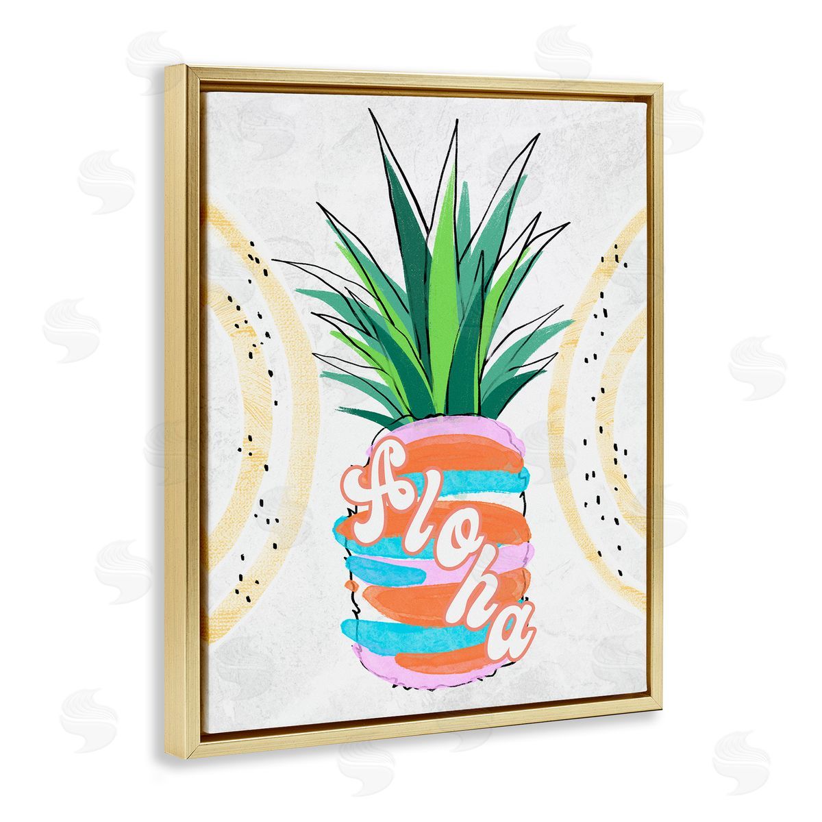 Ziwei Li Tropical Aloha Pineapple Bold Leaves Groovy Text  Gold Floating Frame Canvas Wall Art Print