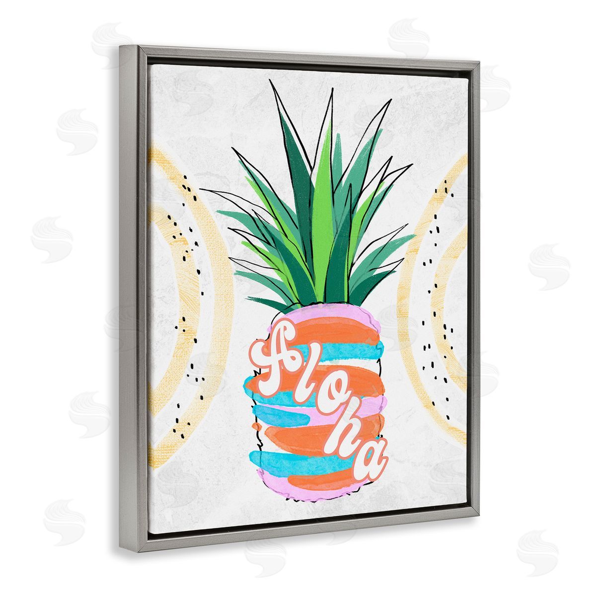 Ziwei Li Tropical Aloha Pineapple Bold Leaves Groovy Text  Gray Floating Frame Canvas Wall Art Print