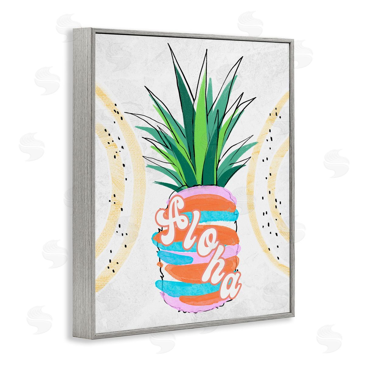 Ziwei Li Tropical Aloha Pineapple Bold Leaves Groovy Text  Gray Framed Giclee Wall Art Print