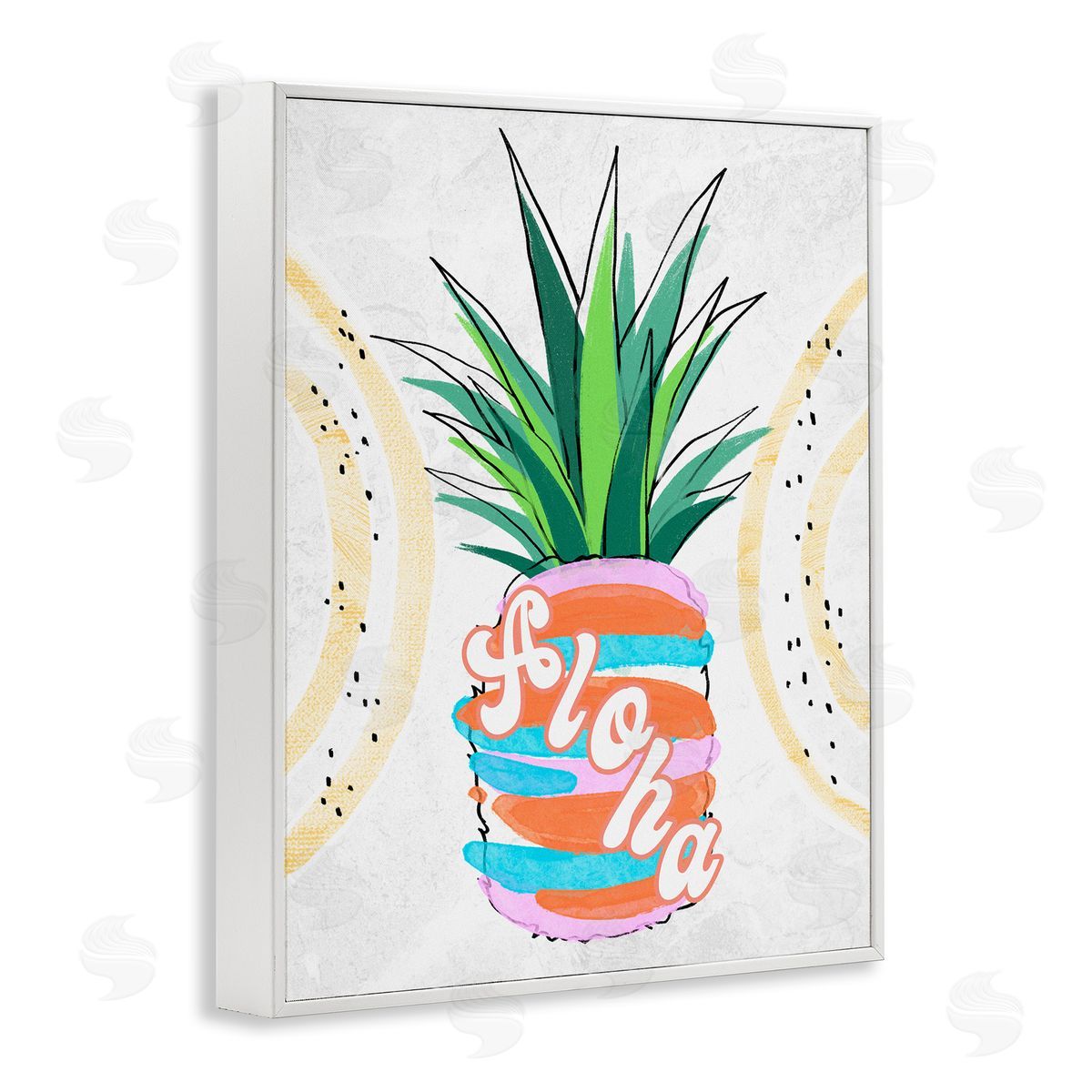 Ziwei Li Tropical Aloha Pineapple Bold Leaves Groovy Text  White Framed Giclee Wall Art Print
