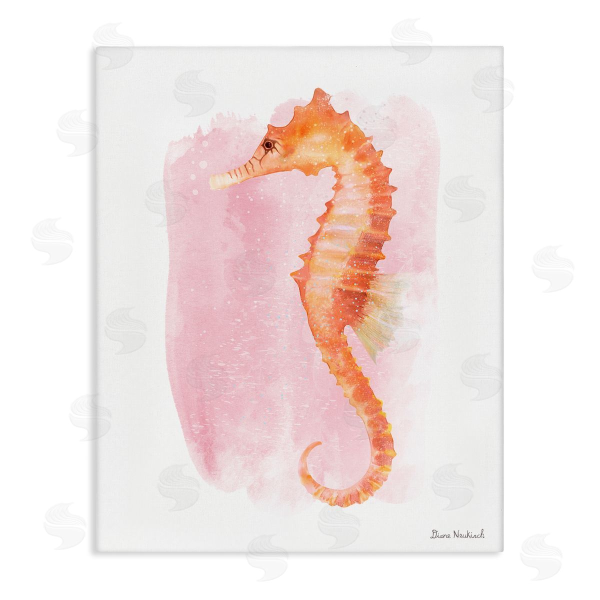 Diane Neukirch Gentle Orange Seahorse Speckled Pink Watercolor Detail  Stretched Canvas Wall Art Print