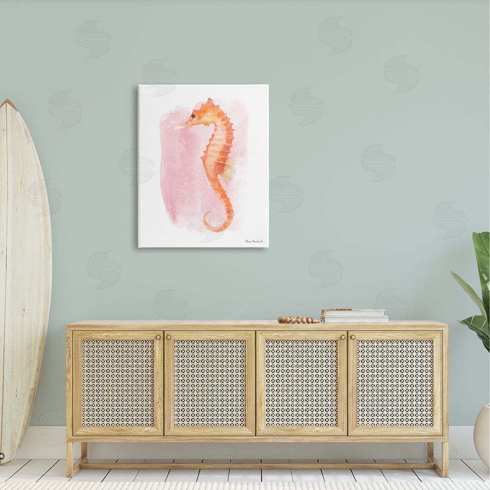 Diane Neukirch Gentle Orange Seahorse Speckled Pink Watercolor Detail  Canvas Wall Art Print in Room
