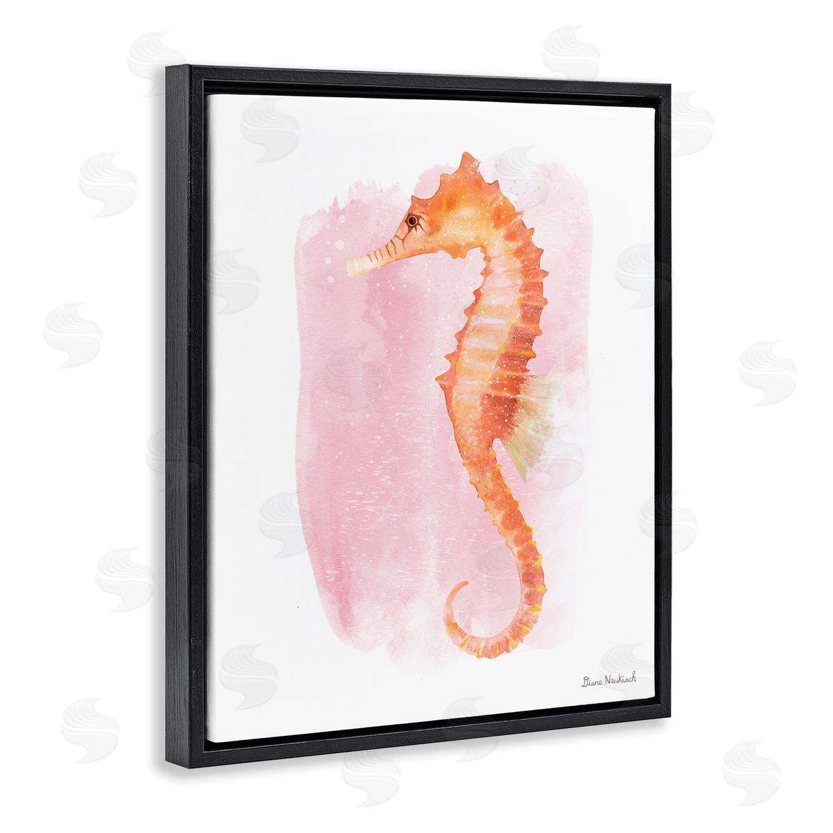 Diane Neukirch Gentle Orange Seahorse Speckled Pink Watercolor Detail  Black Floating Frame Canvas Wall Art Print