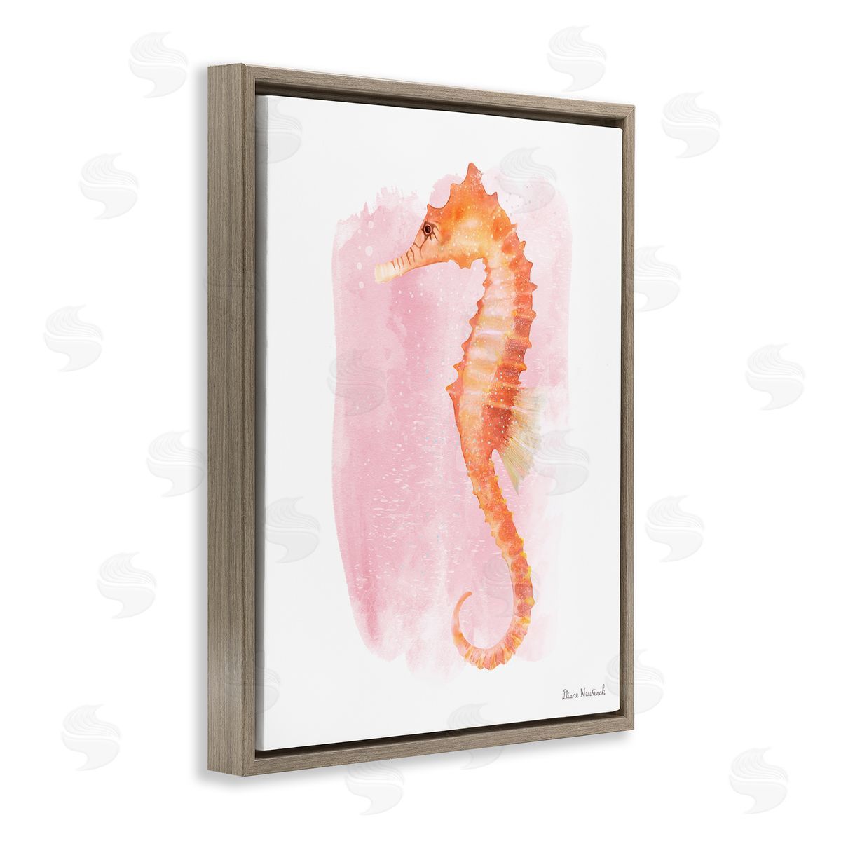 Diane Neukirch Gentle Orange Seahorse Speckled Pink Watercolor Detail  Brown Floating Frame Canvas Wall Art Print