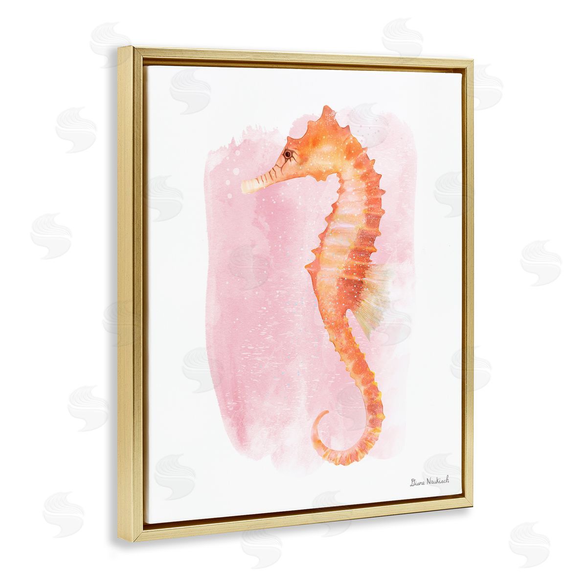 Diane Neukirch Gentle Orange Seahorse Speckled Pink Watercolor Detail  Gold Floating Frame Canvas Wall Art Print