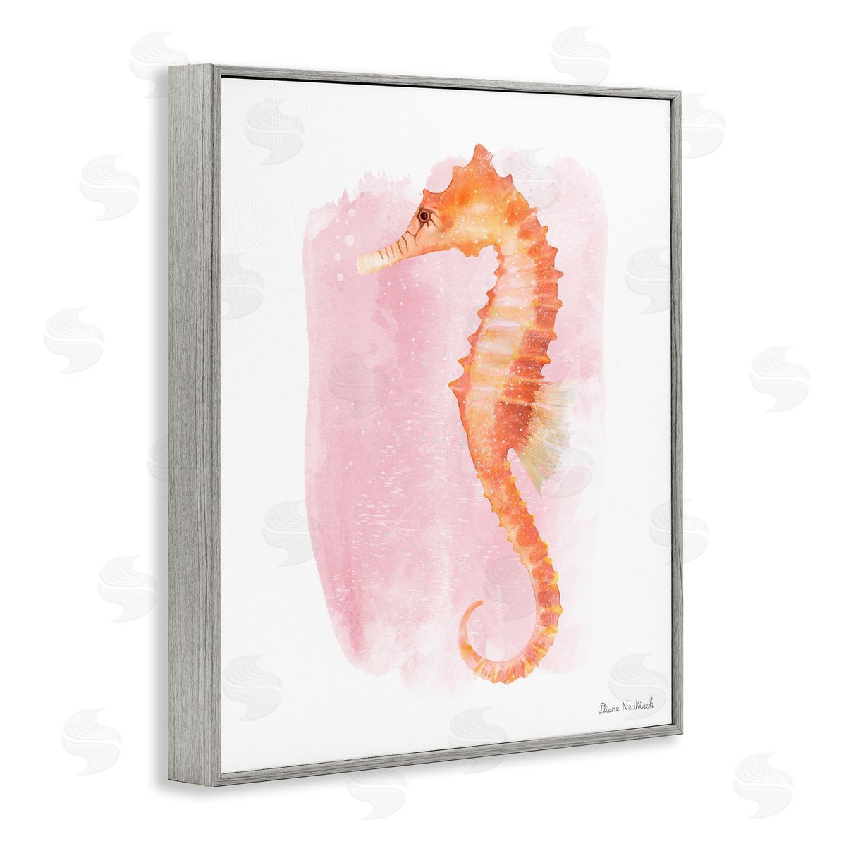 Diane Neukirch Gentle Orange Seahorse Speckled Pink Watercolor Detail  Gray Framed Giclee Wall Art Print