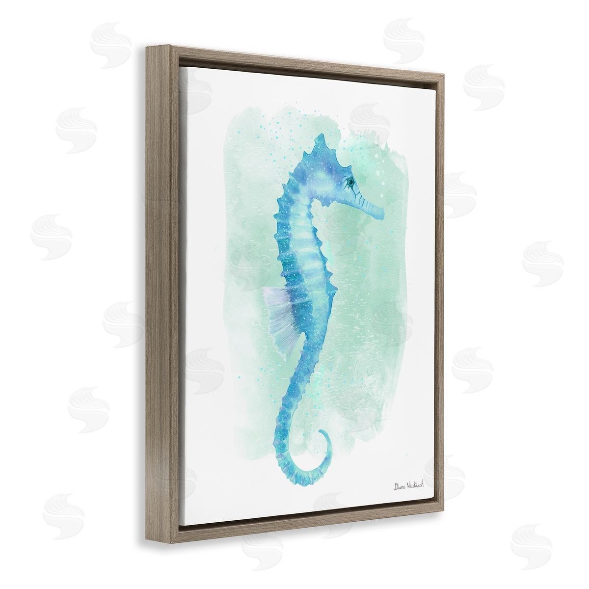 Diane Neukirch Blue Seahorse Aquatic Life Subtle Ocean Painting Brown Floating Frame Canvas Wall Art Print