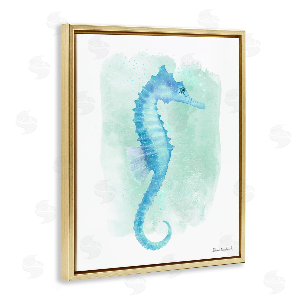 Diane Neukirch Blue Seahorse Aquatic Life Subtle Ocean Painting Gold Floating Frame Canvas Wall Art Print