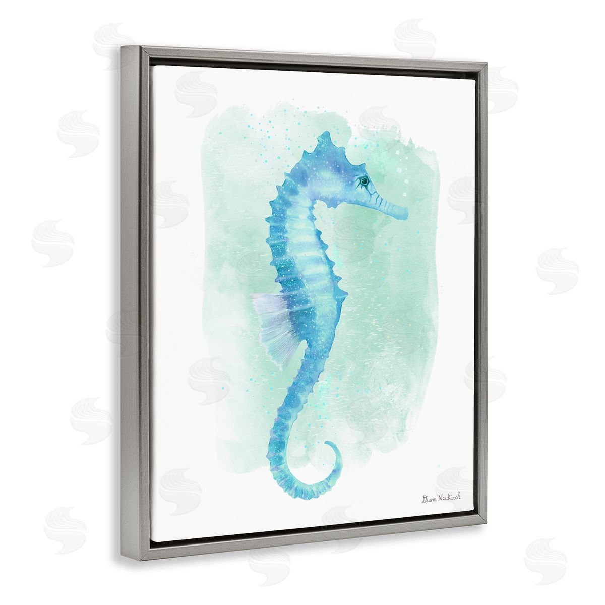Diane Neukirch Blue Seahorse Aquatic Life Subtle Ocean Painting Gray Floating Frame Canvas Wall Art Print