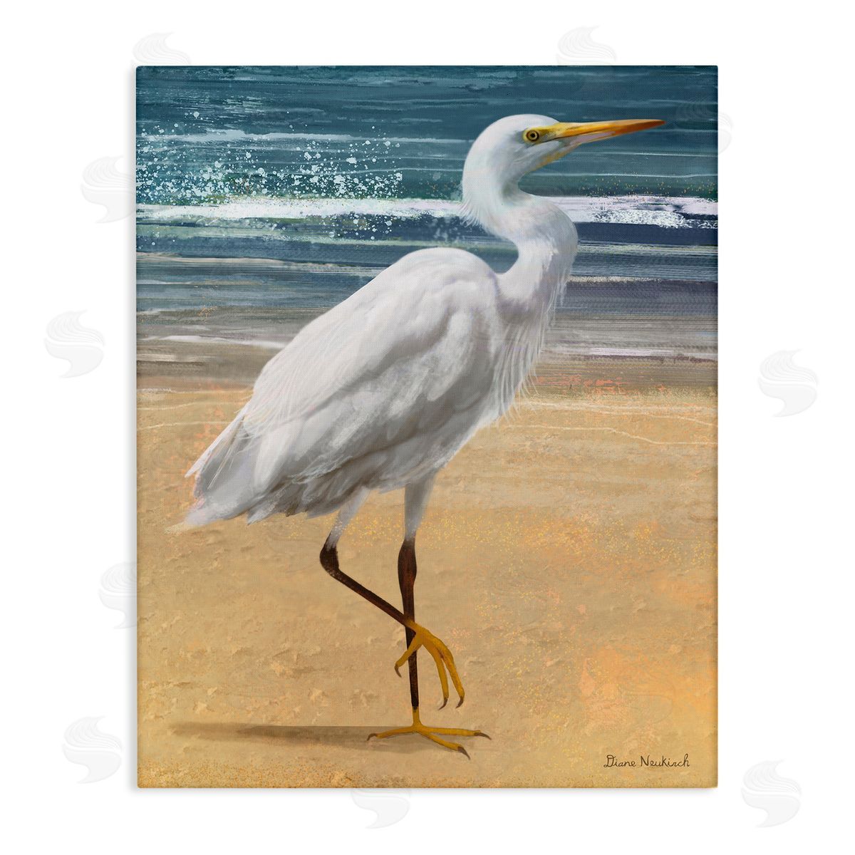 Diane Neukirch White Heron Bird Standing Beach Shoreline Waves Stretched Canvas Wall Art Print