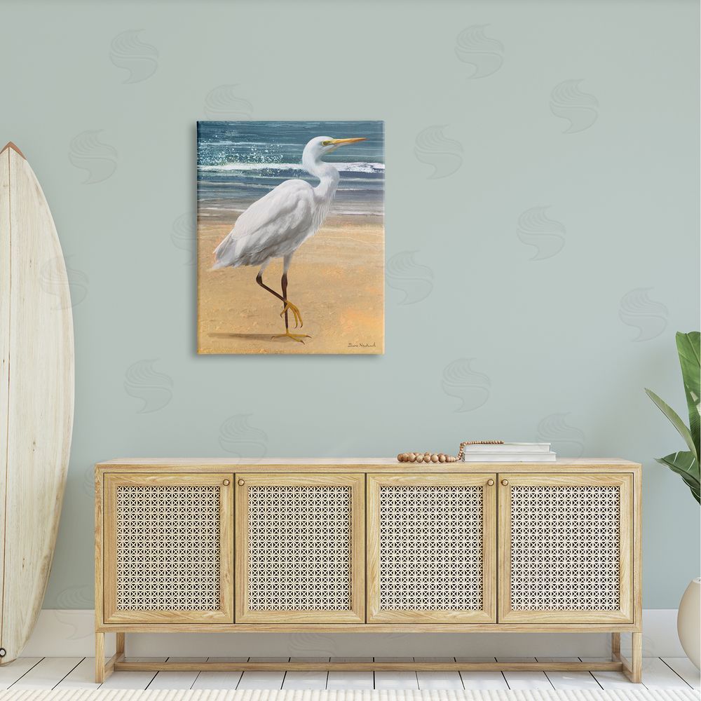Diane Neukirch White Heron Bird Standing Beach Shoreline Waves Canvas Wall Art Print in Room