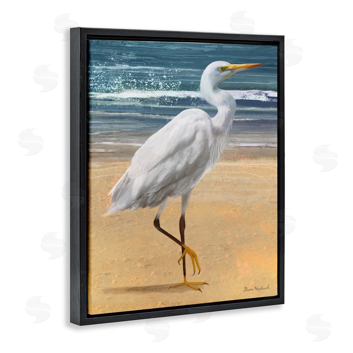Diane Neukirch White Heron Bird Standing Beach Shoreline Waves Black Floating Frame Canvas Wall Art Print