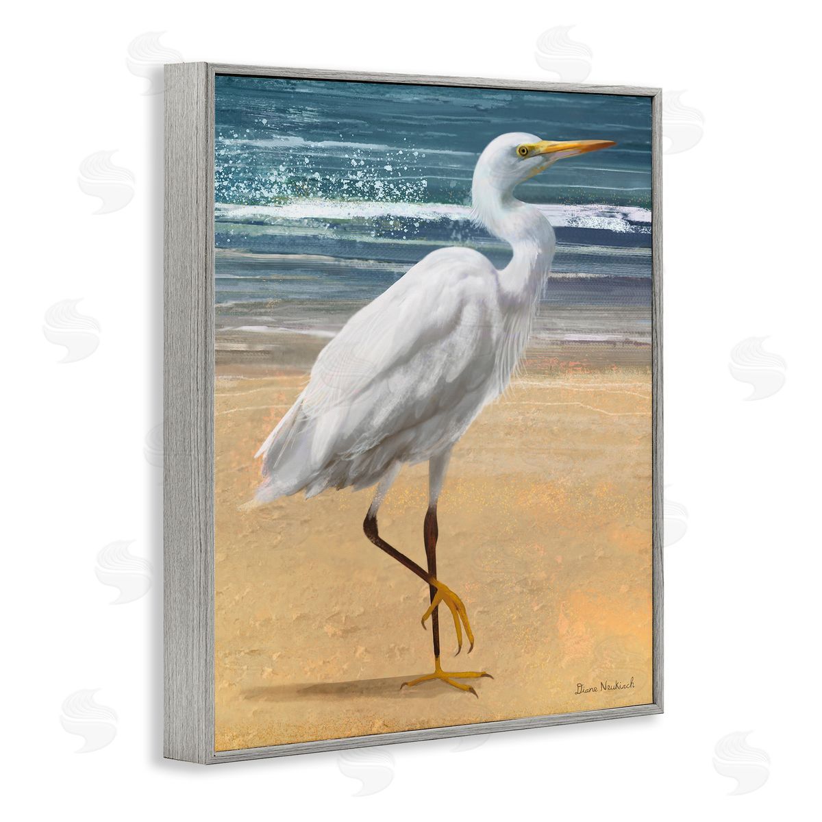 Diane Neukirch White Heron Bird Standing Beach Shoreline Waves Gray Framed Giclee Wall Art Print