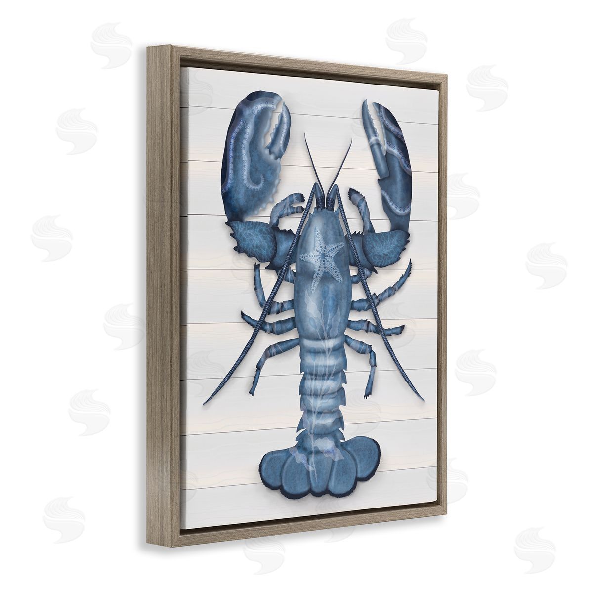 Darlene Seale Detailed Blue Lobster Starfish Botanical Panels Brown Floating Frame Canvas Wall Art Print