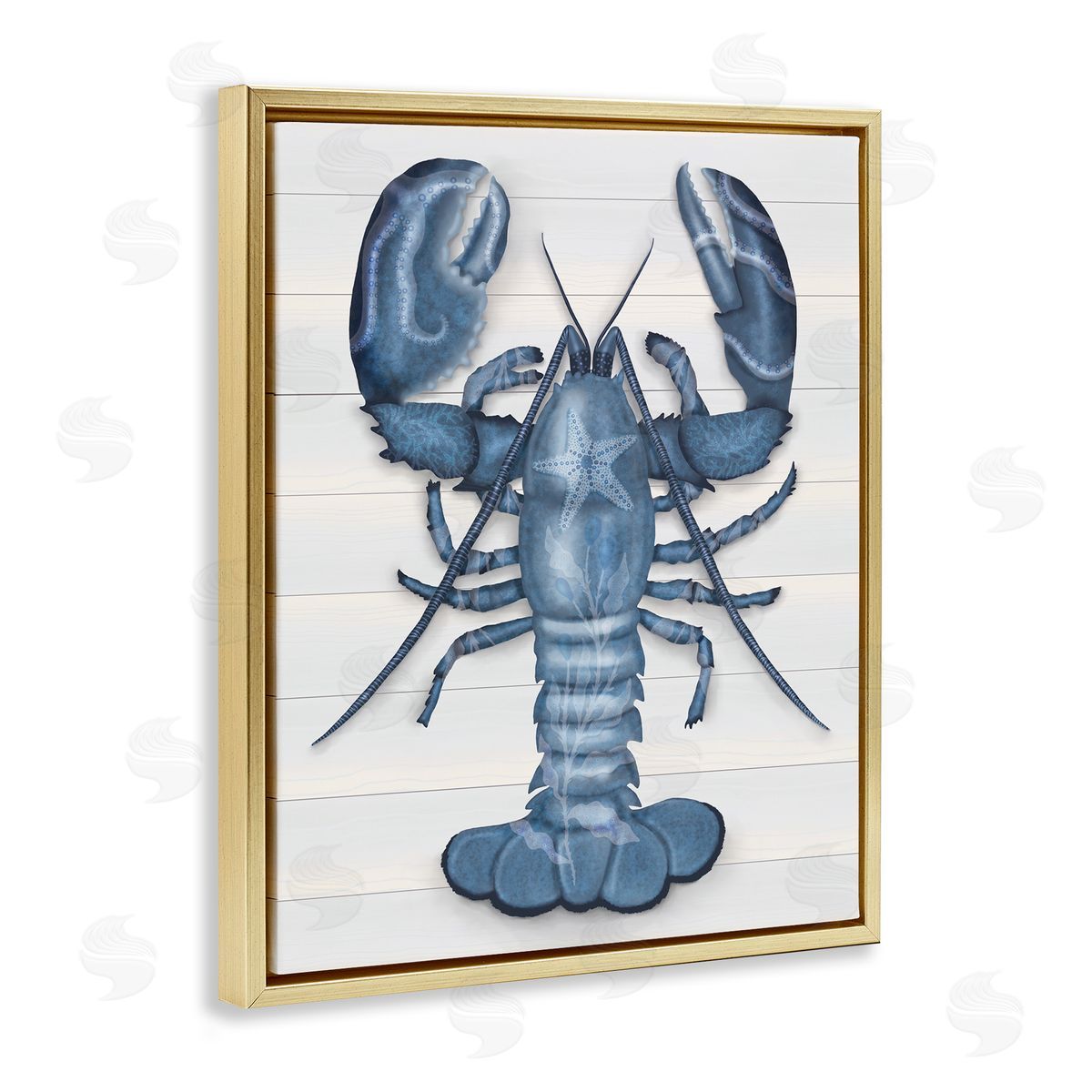 Darlene Seale Detailed Blue Lobster Starfish Botanical Panels Gold Floating Frame Canvas Wall Art Print