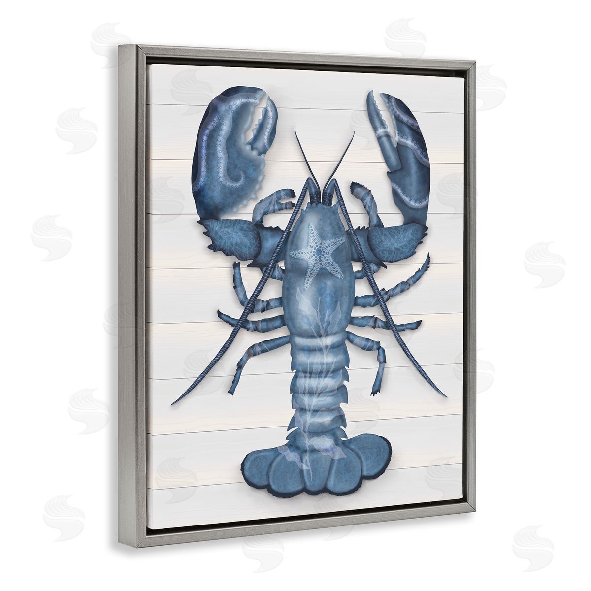 Darlene Seale Detailed Blue Lobster Starfish Botanical Panels Gray Floating Frame Canvas Wall Art Print