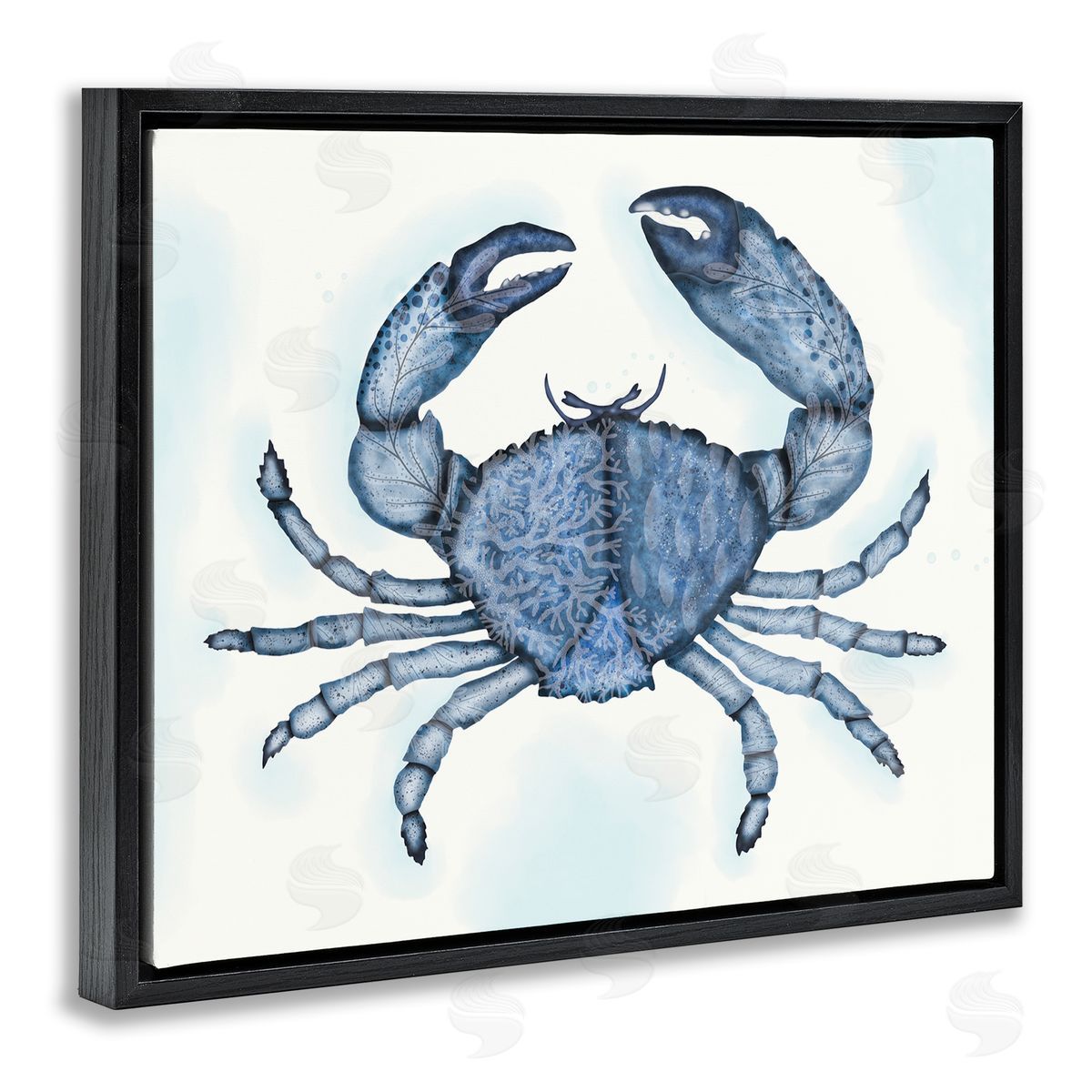 Darlene Seale Blue Crab Claws Sea Life Botanical Pattern  Black Floating Frame Canvas Wall Art Print