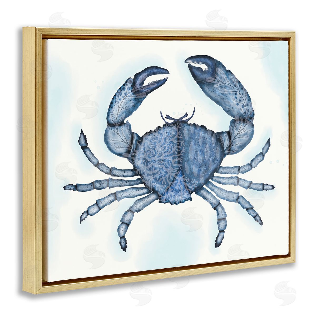 Darlene Seale Blue Crab Claws Sea Life Botanical Pattern  Gold Floating Frame Canvas Wall Art Print