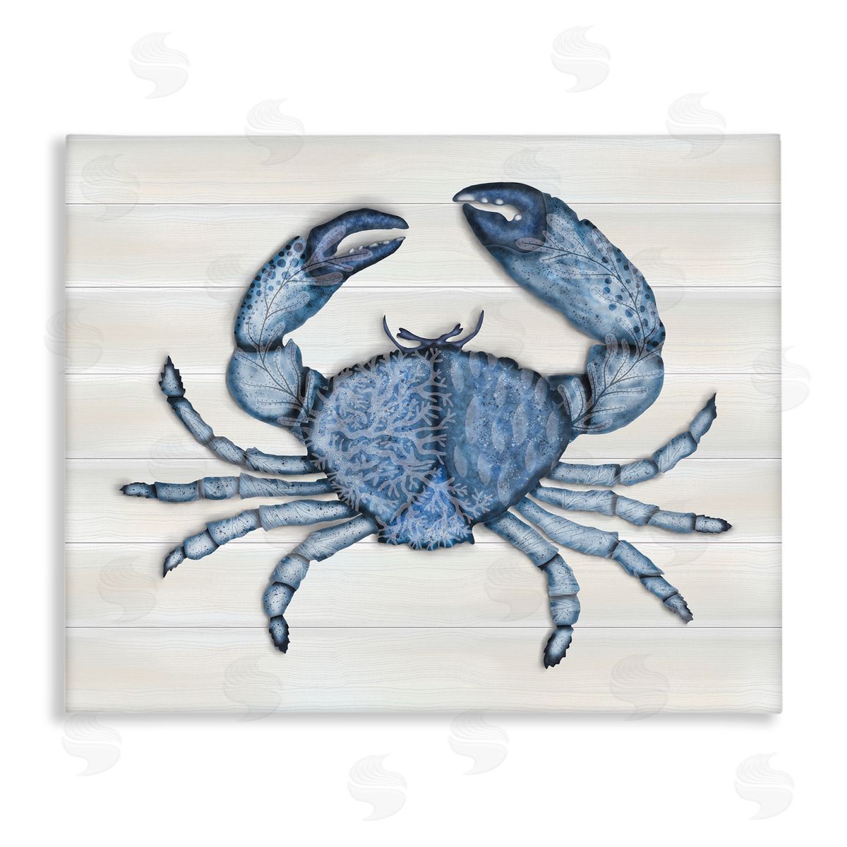 Darlene Seale Detailed Blue Crab Grainy Pattern Aquatic Botanicals  Stretched Canvas Wall Art Print