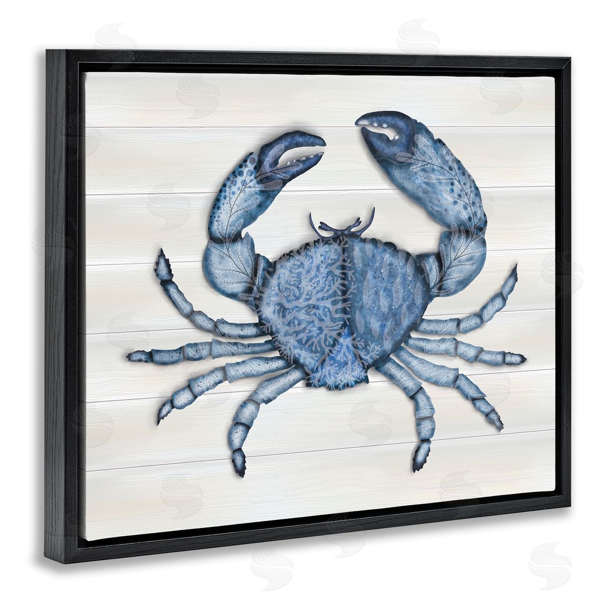 Darlene Seale Detailed Blue Crab Grainy Pattern Aquatic Botanicals  Black Floating Frame Canvas Wall Art Print