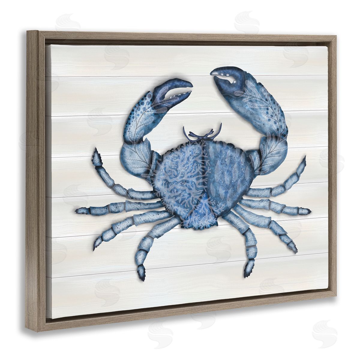 Darlene Seale Detailed Blue Crab Grainy Pattern Aquatic Botanicals  Brown Floating Frame Canvas Wall Art Print