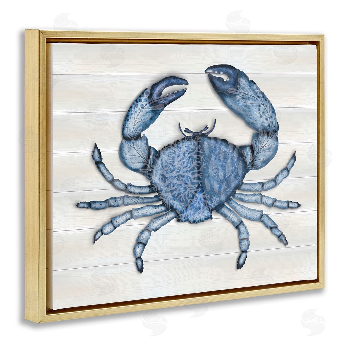 Darlene Seale Detailed Blue Crab Grainy Pattern Aquatic Botanicals  Gold Floating Frame Canvas Wall Art Print