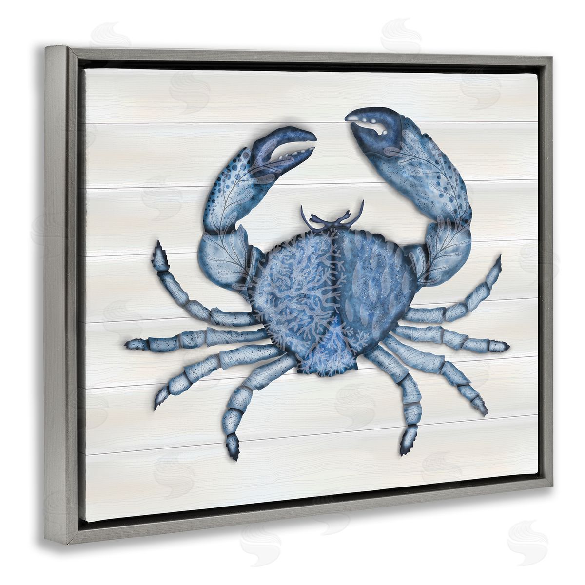 Darlene Seale Detailed Blue Crab Grainy Pattern Aquatic Botanicals  Gray Floating Frame Canvas Wall Art Print