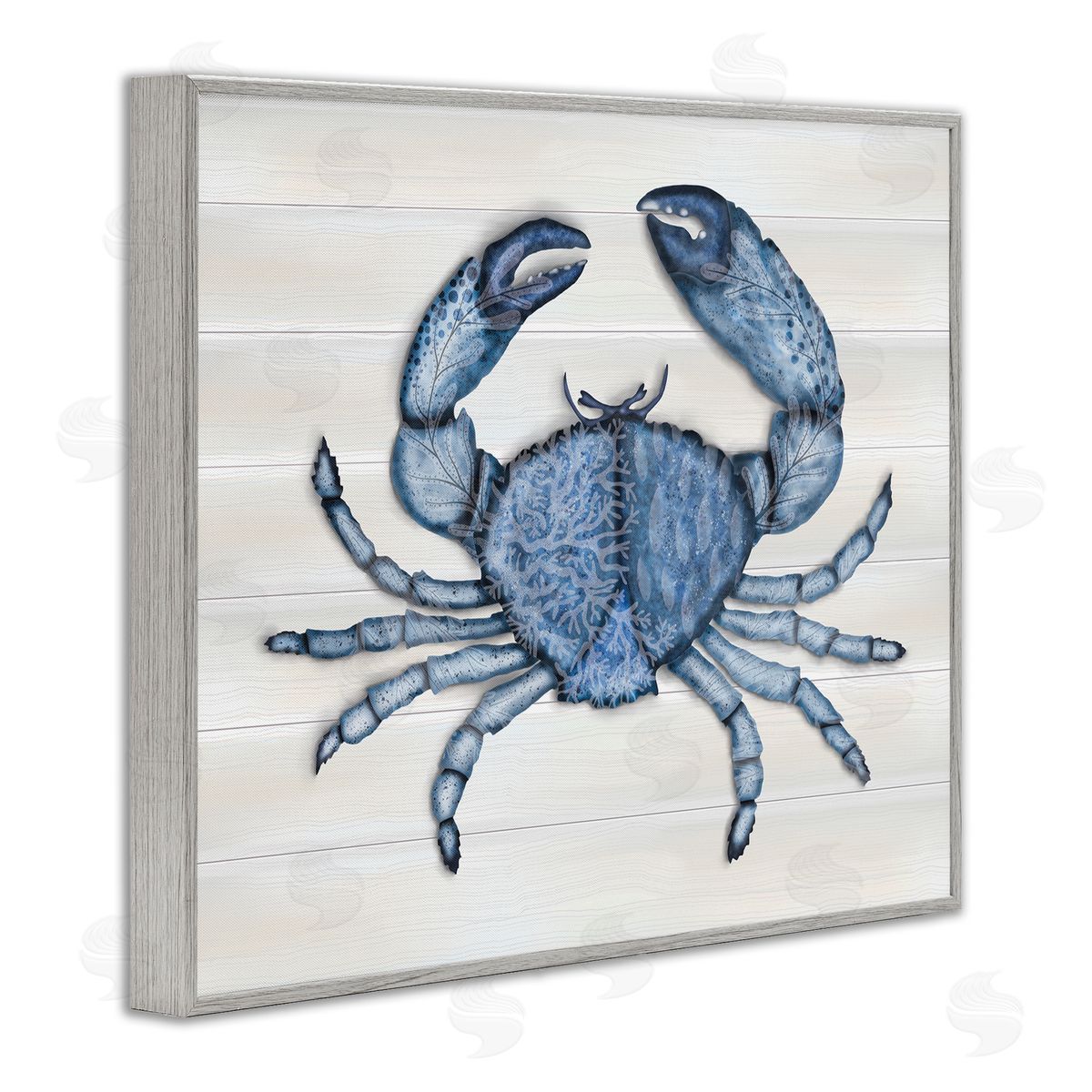 Darlene Seale Detailed Blue Crab Grainy Pattern Aquatic Botanicals  Gray Framed Giclee Wall Art Print